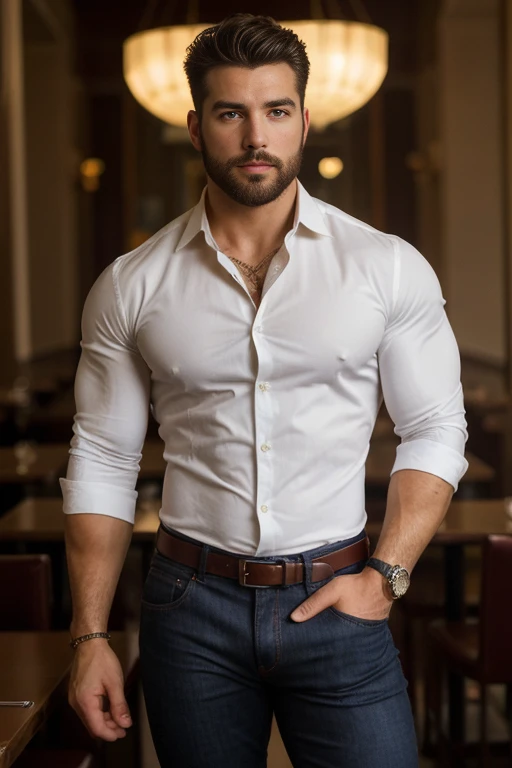 michele vittorio macho handsome red and beige  shirt, bearded and muscular man, very handsome and manly, intricate, elegant, sha...