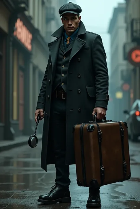 A male detective with a blue streak in the front of his hair, wearing a coat and black beret, shoe boots, with a pistol on his belt and a magnifying glass in his hand, carrying a large suitcase