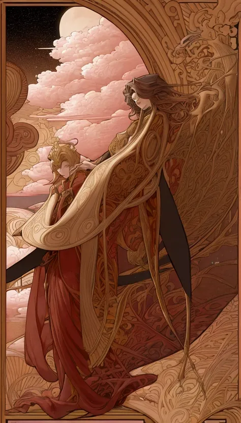 art nouveau style, handsome guy 15-20 years old, long hair, hair fluttering and intertwined with clouds, kimono, kimono flutteri...