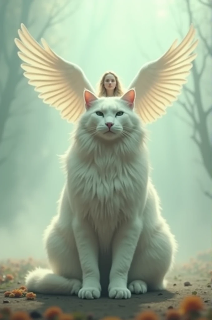 a  sitting on top of a white cat, high quality fantasy stock photo, low angel, big cat, extremely realistic photo, the energy of dreams, winged human, best friends, still image from tv series, keyframe, artist unknown, etherial, amicable