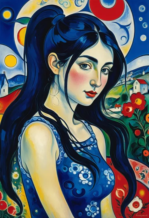 1girl, solo, Laura S. Arseid (long dark blue hair, ponytail and side Bang, small boobs), ((The glitch effect)) ((Marc Chagall style)), magic naive art, primitivism, protogen, ((best quality, Masterpiece)), ((Highest detail)), RAW:1,1, 8k