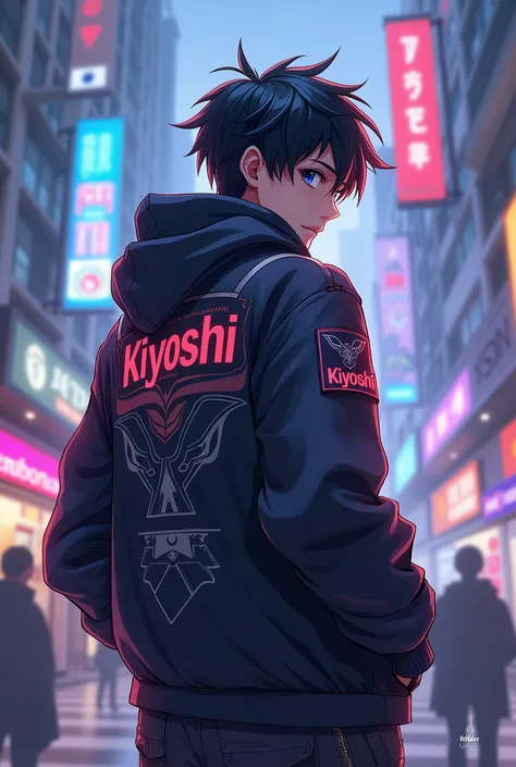 Create a professional player with, A jacket that covers their head that says kiyoshi from the back, that has an anime-like animation and the mobile legends game in the background