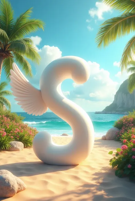 create a 3d picture of the word "S", white
letters in wings, flowers, garden, park and
background have pristine beach Palm trees
sway gently in the warm breeze, clouds,
casting long shadows across the sand. 3d
realatic and ultra quality picture
