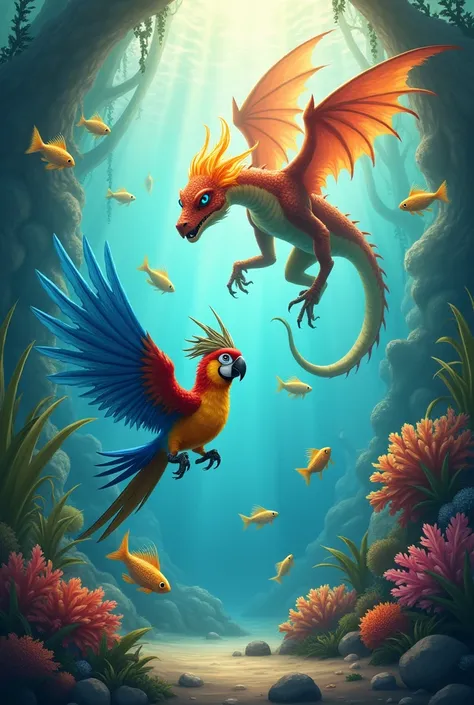 A parrot with blue wings and helmet on head swimming along with golden fish and a dragon with fire