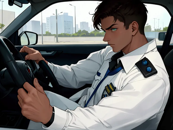 Male police officer. offwhite, greeneyes, short hair brunette, serious expression driving a vehicle