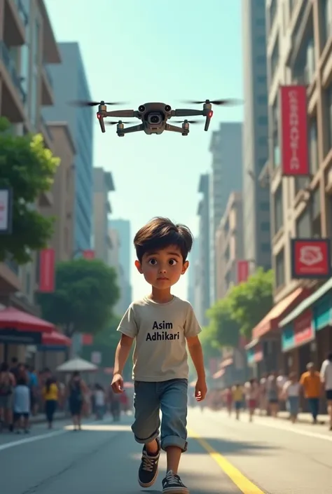 "A boy walking down the middle of the street, holding a mobile phone, with a drone flying nearby. He is wearing a T-shirt with the text Asim Adhikari written on it."