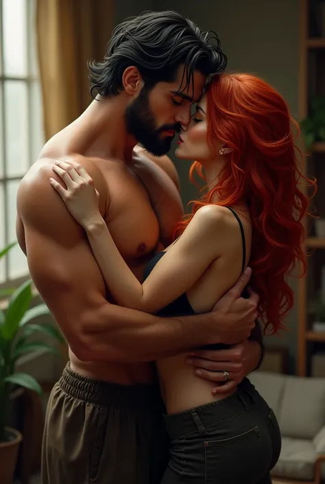 Black haired man with green eyes and a muscular body kissing a girl with red hair and black eyes, she is in his arms