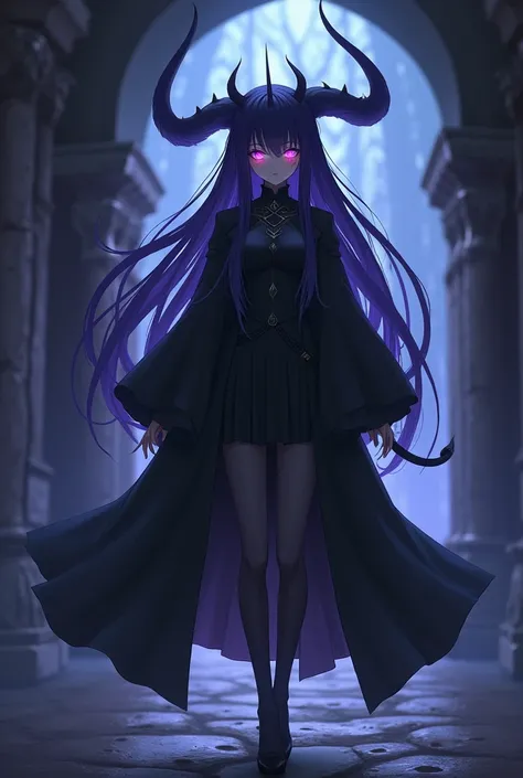 A female dragonoid girl, dark purple hair, has horn, very long hair that extended to her feet, use old dark coat that cover her whole body, expressionless, short, glowing eye, hd, anime, dungeon background, dark floor, glowing walls, powerful, medieval, dr...