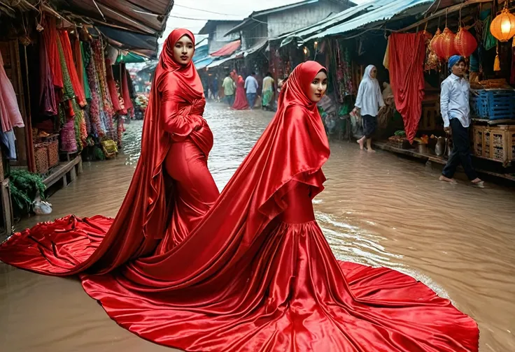 A woman shrouded in a 9-meter-long, plush red satin cloth, tightly bound and grandly draping along the form of her body, flowing off into a pooled floor-length train, styled in a mermaid-inspired outfit, her head modestly veiled in a satin hijab, 175 heigh...