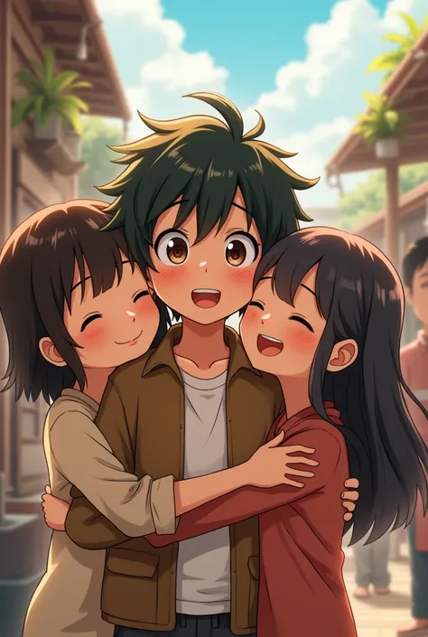 Teenage anime boy reuniting with his family