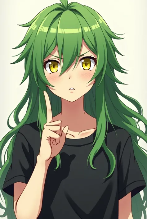 anime - style drawing of a guy with green hair and a black shirt, with index finger, long green hair, anime character, anime style character, anime tribal boy with long hair, made with anime painter studio, anime character art, eyes yellow, style hunter x ...