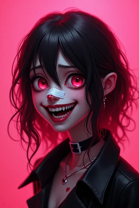 Emo smiley with red black hair and fangs in vampire style with blood and plaster on nose. Black, pink and white style. Much More pink colors. Emotion of hurt on face but smile. Pink background