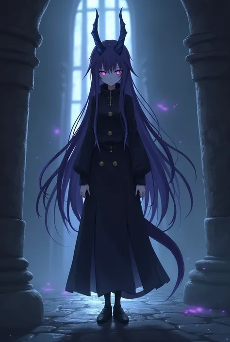 A female dragonoid girl, dark purple hair, has horn, very long hair that extended to her feet, use old dark coat that cover her whole body, expressionless, short height around 140cm, glowing eye, hd, anime, dungeon background, dark floor, glowing walls, po...