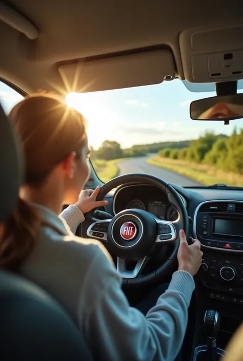 A person driving a happy new fiat car