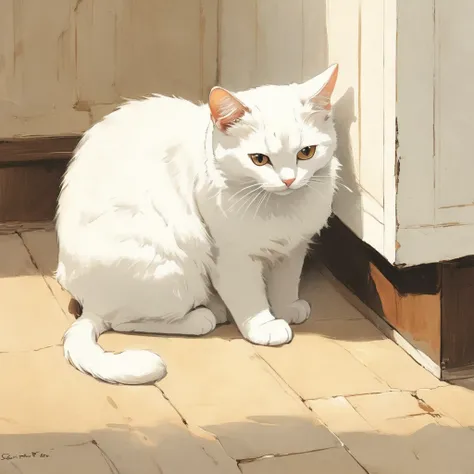 In the corner of the room, turned to the wall, a white cat stands very sadly.