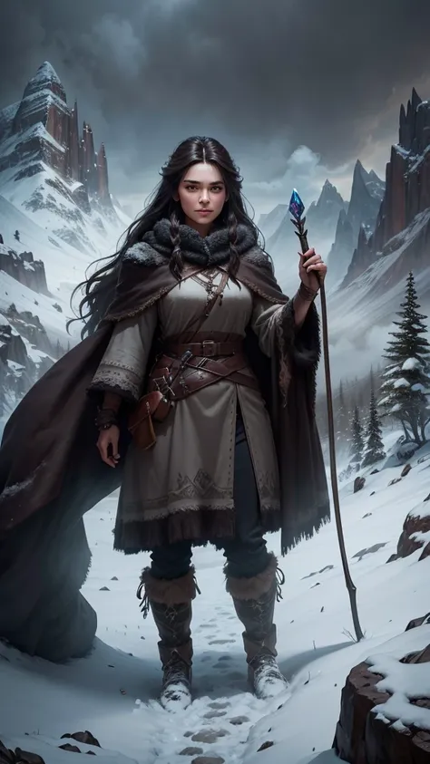 Mountain witch, long dark brown hair, standing on a snow-capped peak, smoky and foggy effects, deep greys and earthy tones, holding a glowing crystal staff, strong and determined, 8k, fantasy art, rugged and majestic."