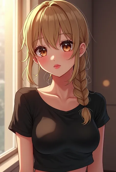 A hot mommy, glossy and pink lips, brown sleepy eyes and long eyelashes blonde hair tied in braid , with hug  in her black and wet t-shirts, a cute pantie cameltoe. She have a embarrassed face, like a manwha character