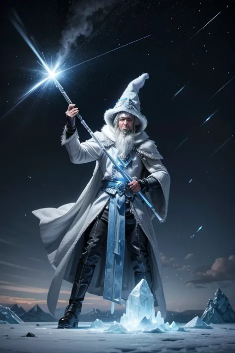 An ice wizard with an ice hat and ice staff making a rain of ice meteorites fall from the sky against an earth wizard who protects himself using a mound to protect himself 