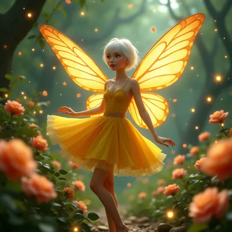 Very young fairy, very beautiful, with butterfly wings, platinum hair cut, flying around a rose, very short yellow dress, tight, in a forest with hundreds of fireflies, 8K photo quality, Realistic details, ultra definition. 