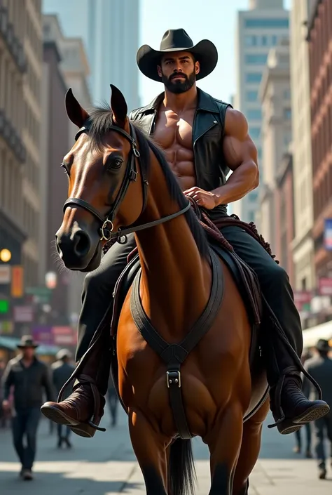 a handsome muscular cowboy with a black hat and black boots riding a horse in a street of new york, realistic