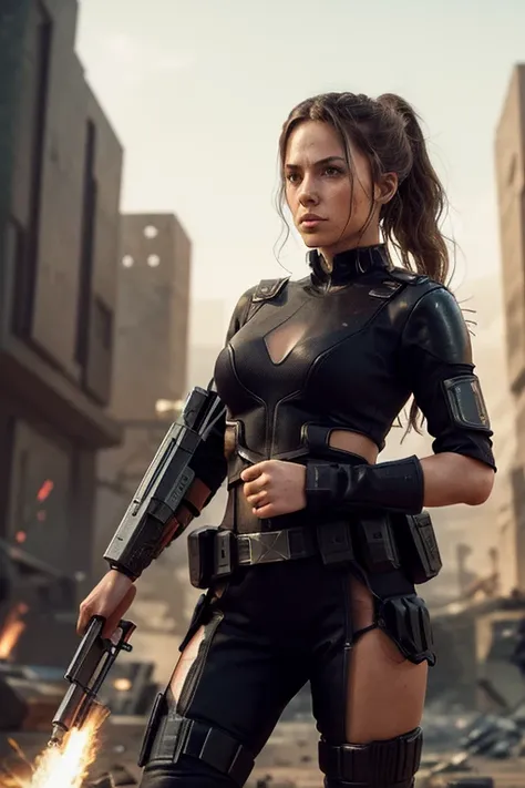 Should be armed with a futuristic assault rifle in a dystopian, hostile environment. But dressed a little more lightly or a more sexy combat outfit. Explosions and fire are said to be visible in the background.