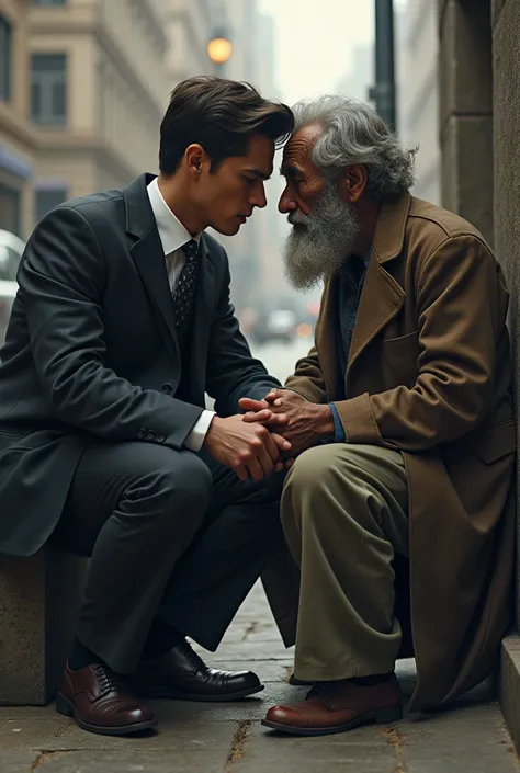 Create an image of two characters talking, a rich young man and a beggar,the rich man has a sad face and the beggar has a serious face but they are sitting on a sidewalk and leaning forward 