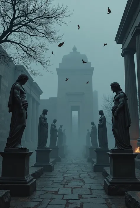 Winter gray cloud covering an ancient Greek city completely, it must be at night, there must be tree leaves falling and flying around statues of different gods