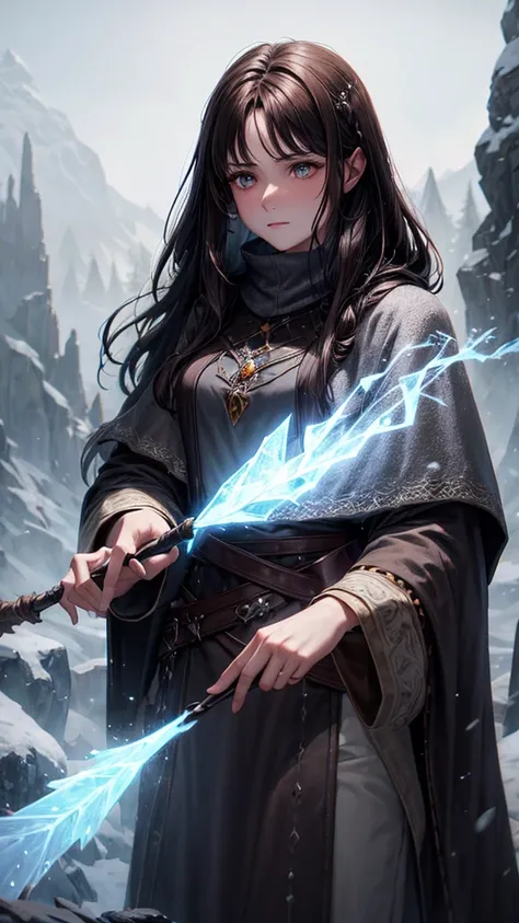 Mountain witch, long dark brown hair, standing on a snow-capped peak, smoky and foggy effects, deep greys and earthy tones, holding a glowing crystal staff, strong and determined, 8k, fantasy art, rugged and majestic."