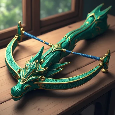 Artwork, highest quallity, anime. Estilo anime, high resolution, solo, anime,
.detail, details altos, distance weapon, Crossbow,

An imposing hand-held crossbow weapon, forged in enchanted metal and covered in a vibrant emerald green, with gold details. It...