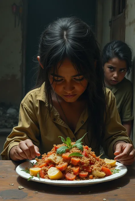 an image with a person with a plate full of food and another person going hungry