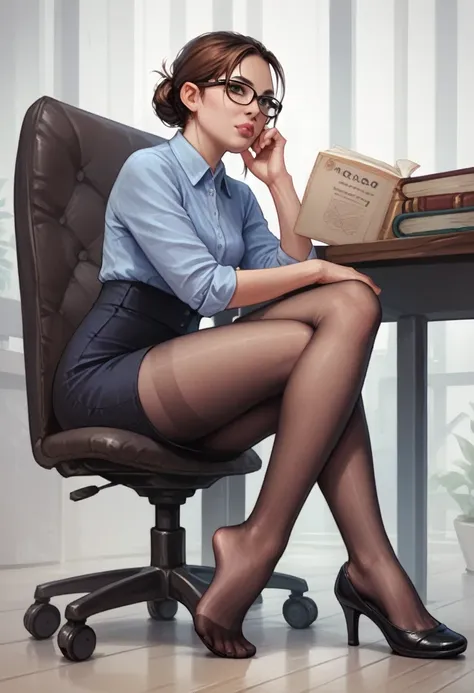 Pthale,One girl,alone,Glasses,pantyhose,crossed feet,skirt,Sitting,pencil skirt,Brown Hair,Book,shoes,Realistic,office lady,Chair,shirt,feet,Hair Bun,Black footwear,black pantyhose,lips,