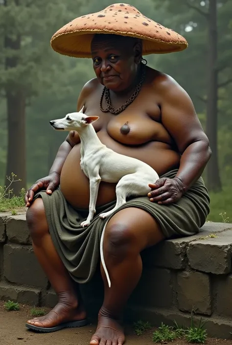 Old woman with dark skin, Large size and with a big belly, sitting on the wall with her legs crossed, between his legs a white greyhound. On his head a cap of amanita mushroom 