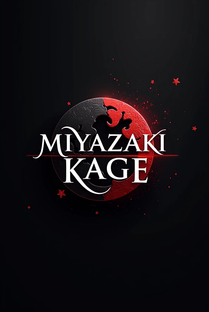 Create a logo with your name "Miyazaki Kage" for a clan with white letter color, black letter border, Japanese aspects and samurai-focused decor, make the logo extremely professional and neat with some shiny red lights and a samurai look