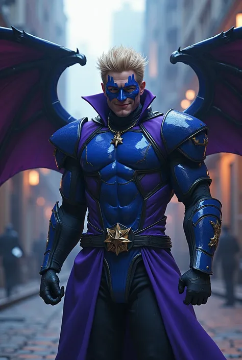 A character named Blue Devil:he is a human man,wears blue armor with purple stripes,has robotic wings,doesn&#39;t wear a helmet,he has spiky blond hair,has blue stripes on his face,he smiles a lot and laughs like crazy