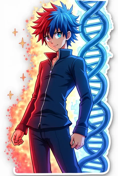 Todoroki sticker with a red and blue DNA chain next to him, with a cold and warm glow." 
 