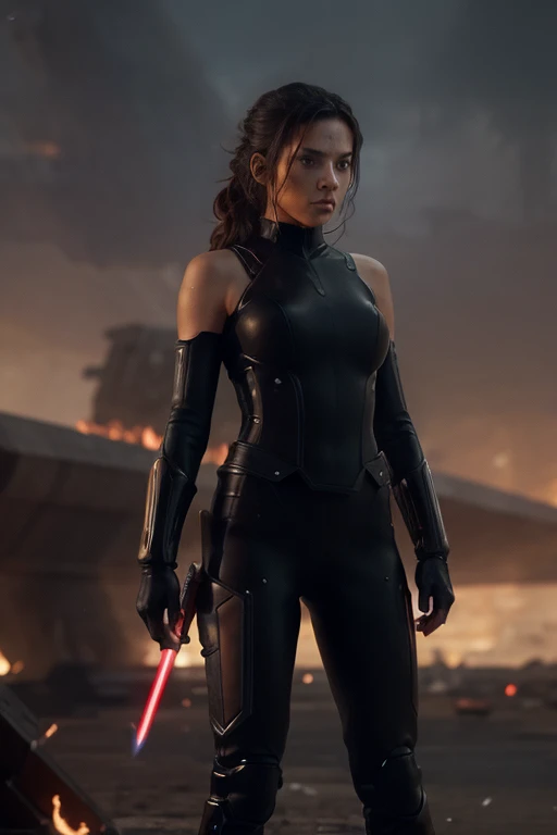 Should be armed with a futuristic laser sword in a dystopian environment. a sexy combat outfit. Explosions and fire are said to be visible in the background.