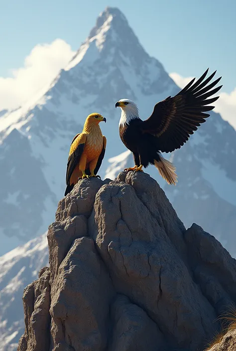 Make me a Mexican golden eagle next to a Peruvian Andean condor on top of a mountain 
