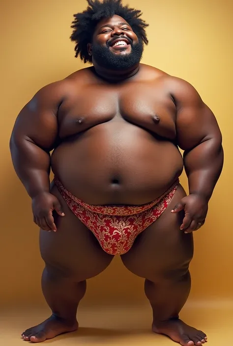 Chubby black guy without a shirt and wearing brocade underwear on his ass