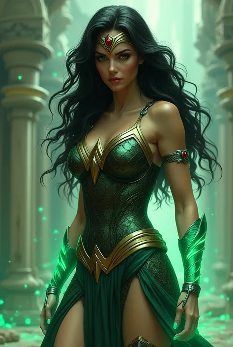 (((Symbiote fused with Spiderman Wonder Woman ))),(((A beautiful woman with long black hair under the mantle of the Amazon warrior Wonder Woman))),(((Wonder Woman emblem on her chest))),(((Olive Green Corset))),(((Long white boots up to her knees))),(((Wit...