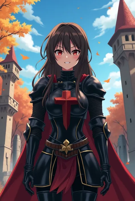 art by yaguru magiku, A teenage girl wearing a black knight armor, angry smile, in the style of Kyoto Animation in the 2010s, official art, ((((black hair)), eyes of Haruhi Suzumiya, face of Haruhi Suzumiya)), beautiful symmetric face, ponytail, at a medie...