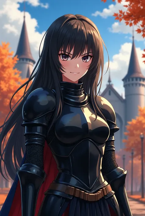 art by yaguru magiku, A teenage girl wearing a black knight armor, angry smile, in the style of Kyoto Animation in the 2010s, official art, ((((black hair)), eyes of Haruhi Suzumiya, face of Haruhi Suzumiya)), beautiful symmetric face, ponytail, at a medie...