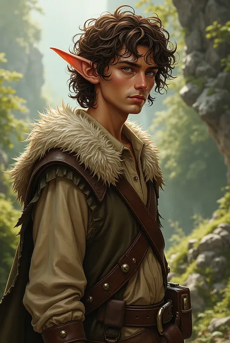 a 2d drawing of a brunette male elf with curly hair and dressed with animal skins 