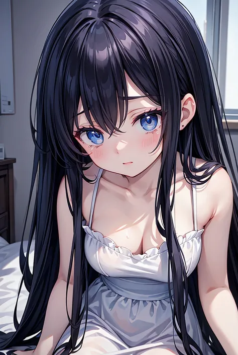 A young woman on wheelchair in her room,plain white dress High Resolution, Masterpiece, Best Quality, Solo, Long Hair, black Hair, Close-Up, first-Person View, Anime Style, Blue eyes, Crying, UHD, Best Quality, 