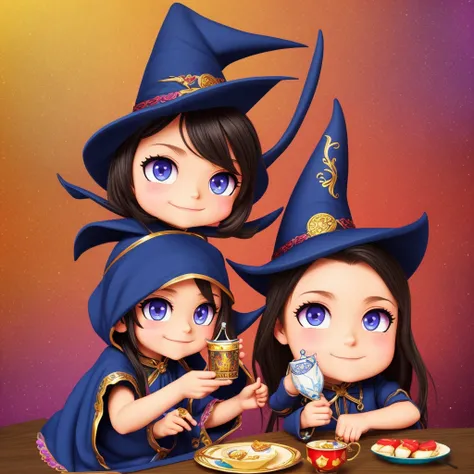 Masterpiece, best quality, wizard tea party, chibi, handsome male witch, beautiful witch, highly detailed realistic eyes, happy, vibrant, colorful,