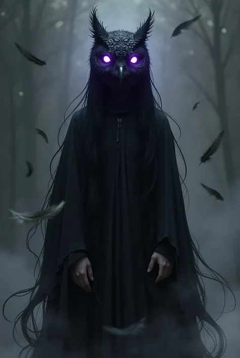 A human man character with a ((black owl mask)), ((black hair)), and wearing a ((black coat)) that hangs loosely, as if made of ((smoke)), with a ((purple glow)) around the mask, symbolizing its ((unusualness)). The owl holds ((cat pupils)) that peer outwa...