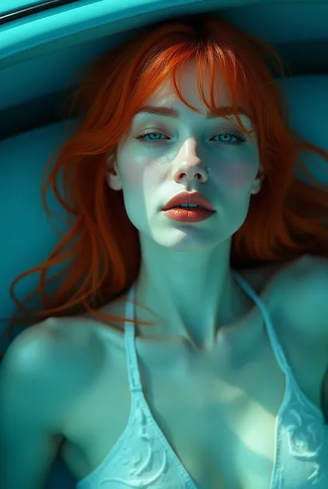 red-haired woman, Bullish, com rosto angelical, you look green, small mouth, sharp nose, lying in a blue car, invisible clothes, taking a bath in blue water