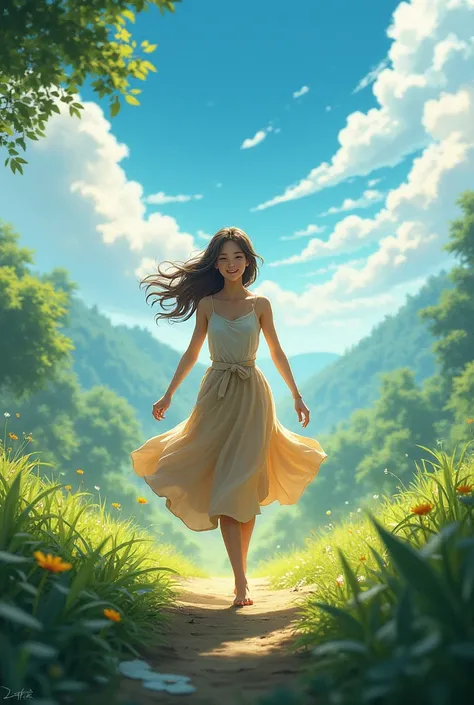 high resolution, (official art, beautiful and aesthetic: 1.2), close view, vast world, girl, running, refreshing smile, long skirt, distant horizon, forest, natural beauty, inspiration, light effect  