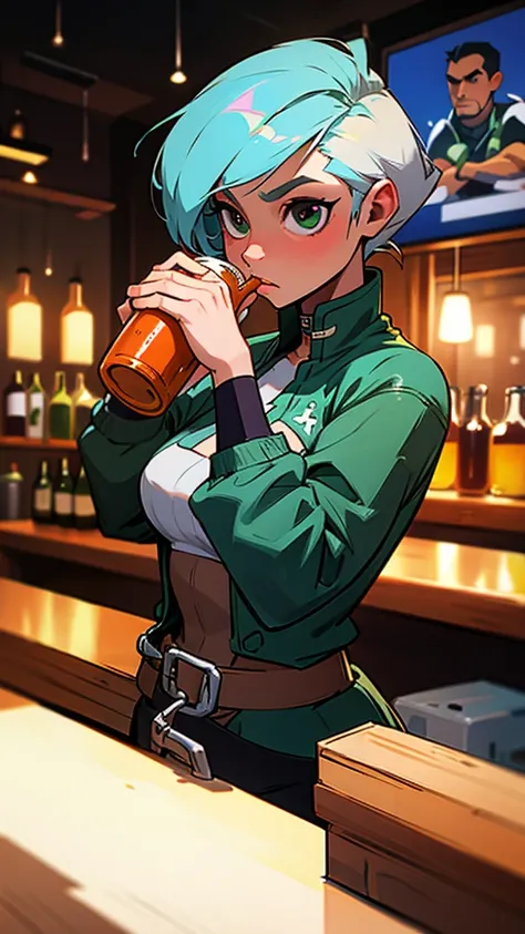 Rogue drinking beer at the bar
