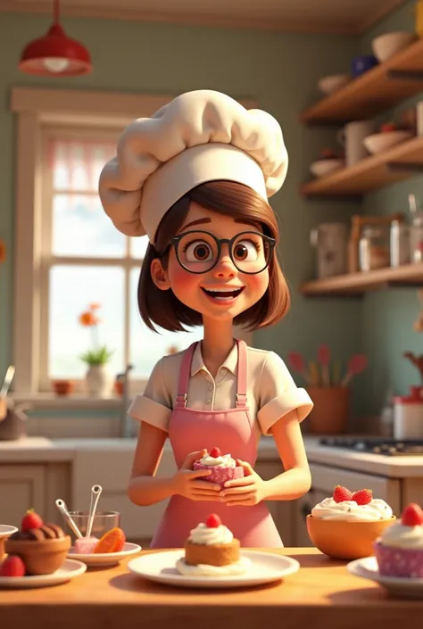 Create a 3D Pixar style cartoon scene., Where is the woman, with straight brown hair, 35 years, She cooks in a pastry chef costume and wears glasses, pretending to make desserts.. and you also need to add an inscription "Welcome to my home kitchen"