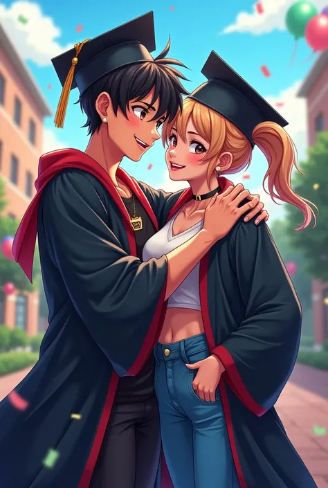 University, one young Rockstar men and his old and fat female friend with ponytail , both graduated with togas and hats, anime